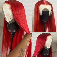 Perruque frontale HD rouge avec dentelle, cheveux humains indiens bruts alignés, ondulés, sans colle, perruques colorées avec dentelle frontale HD complète