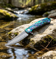 Couteau pliant en acier de Damas avec étui, poignée, pour le camping en plein air, la survie, la poche