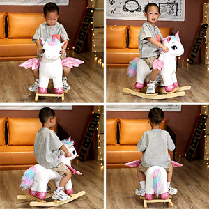 Cheval à <span class=keywords><strong>bascule</strong></span> <span class=keywords><strong>licorne</strong></span> <span class=keywords><strong>rose</strong></span> en peluche, chaise à <span class=keywords><strong>bascule</strong></span> douce, jouet à monter pour les tout-petits et les enfants, balançoire en bois avec tête d'animal - Product Image 4