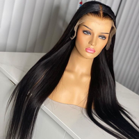 Perruque brésilienne 13x4 HD en dentelle transparente, cheveux humains vierges, noir naturel avec mèches, sans colle, pré-épilée, petite longueur pour femmes