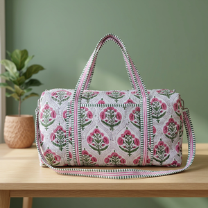 Exclusive Large Block Printed Casual Luxury Cotton Weekender Travel Duffle <b>Bag</b> Handmade Quilted Fabric 20 Inches Hand Luggage - Product Image 3