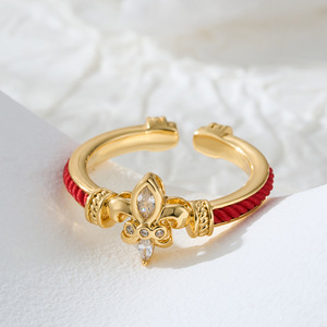 Flower Design Red Rope <b>Open</b> <b>Ring</b> Gold Plated Copper Alloy Adjustable Unisex Jewelry Gift - Product Image 4