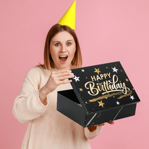 <b>Black</b> Happy Birthday Gift <b>Box</b>, with lid, gold <b>black</b> large luxury star shaped foldable paper <b>box</b>, customizable - Product Image 6