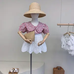 Conjunto de ropa de verano para niña pequeña, Blusa con estampado de flores, falda de encaje, vestido de princesa de algodón para recién nacido