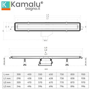Kamalu C-550 Scarico Lineare da Pavimento in Acciaio Inox 55 cm con Inserto per Piastrelle e Sifone per Bagno e Hotel - Product Image 3