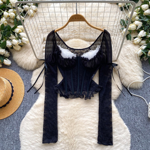 Blouses en dentelle <span class=keywords><strong>sexy</strong></span> à manches longues pour femme, chemises unies en dentelle, hauts <span class=keywords><strong>sexy</strong></span> pour femme, vêtements pour femme en gros - Product Image 1