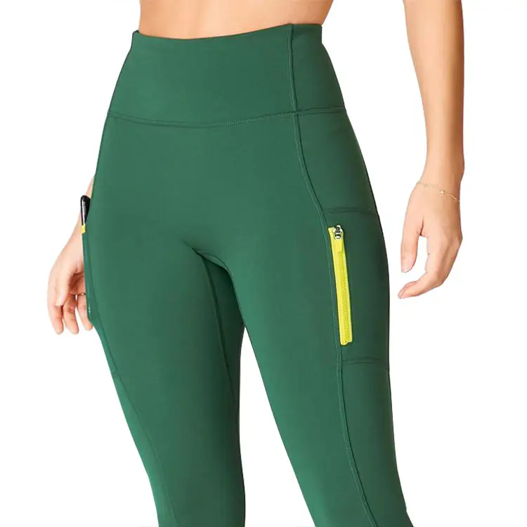 ملابس نسائية-Eation, سراويل يوجا سريعة من النايلون اللدنة اللون الأخضر عالية الخصر ملابس نسائية للتمرين جيب مع سوستة الساق