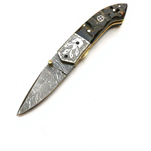 Cuchillo de bolsillo plegable hecho a mano de acero de Damasco de grado Industrial para supervivencia al aire libre, caza EDC, OEM personalizable, refuerzo Ram Horn - Product Image 1