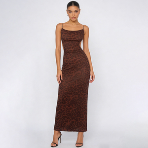 Abito lungo da donna sexy <span class=keywords><strong>con</strong></span> stampa leopardata, senza schienale, <span class=keywords><strong>con</strong></span> spalline sottili - Vestito lungo aderente da sera per feste e club <span class=keywords><strong>con</strong></span> spacco laterale - Product Image 3