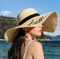 Nouveau style lettre broderie grand chapeau de paille, chapeau de plage d'été, chapeaux pare-soleil de vacances