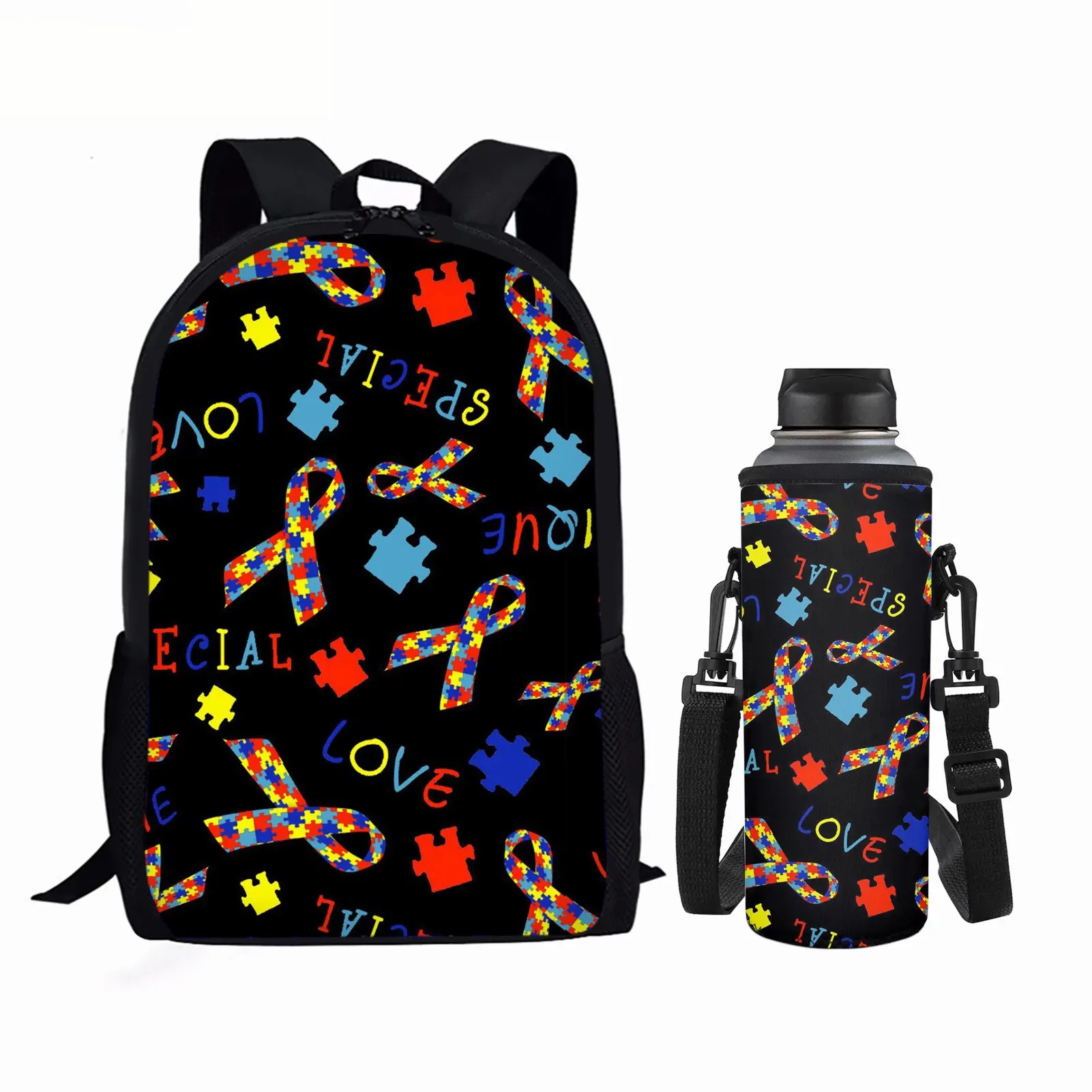 Otizm farkındalık desen 2 adet okul çantası ve su şişesi taşıyıcı çanta seti toptan için özel baskı sırt çantası genç Satchel
