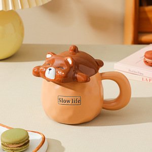 แก้วเซรามิคลายการ์ตูนรูปหมีน่ารัก แก้วกาแฟลายแมวพร้อมฝาปิดรูปสัตว์ 3 มิติ - Product Image 3