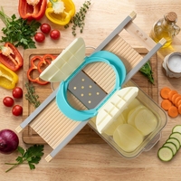 Mandoline à trancher réglable pour oignon et pomme de terre, avec protège-main, en bois massif et plastique, invention brevetée, robot culinaire manuel de cuisine