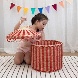 Rattan Storage <b>Basket</b> Set With Lid Circle Shape For Toy Snack Organizer Small And <b>Large</b> Size - Product Image 3