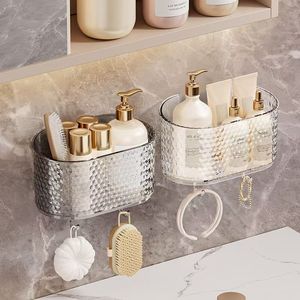 Bathroom Wall Mounted Storage Organizer Oval Transparent With Hooks For Skincare And Cosmetic Storage - Product Image 1
