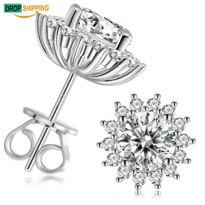 Dropshipping Online Shop 2023 Trendy New Arrival 925 Sterling Silver Sun Flower Moissanite Diamond Stud Earrings