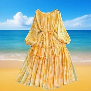 موضة جديدة طويلة الأكمام فستان الشيفون المطبوع الامبرطورية الخصر الديكور نمط الصلبة ميدي طول لربيع الخريف - Product Image 5