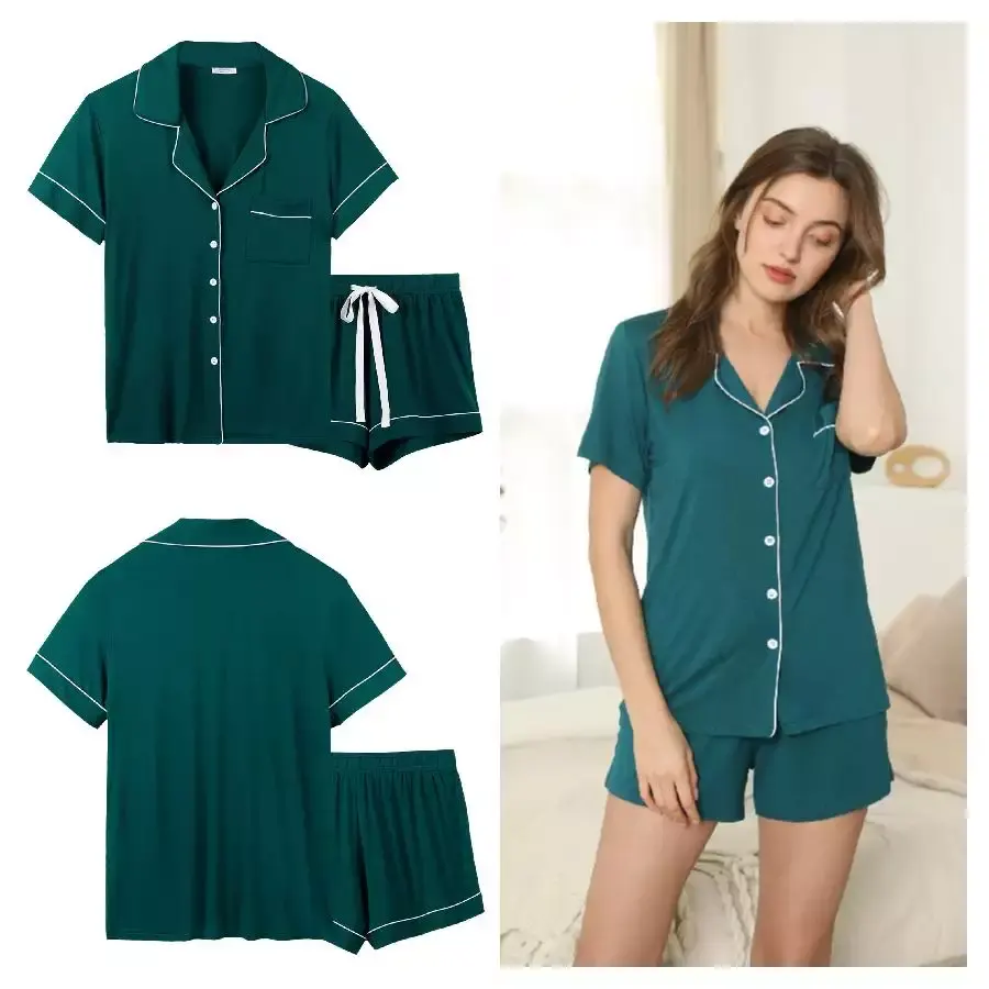 Custom Logo Soft Solid Bamboo Cotton Short Sleeve Two Pieces Women' s Pajama Set