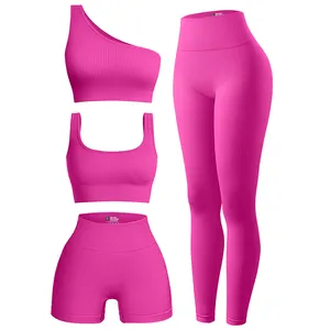 Damen 4-teilige Outfits Gerippte Übung Sport-BH One Shoulder Tops Shorts mit hoher Taille Leggings Fitness-Set