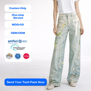 SHENGFU 2026 Jean Baggy Imprimé Tendance <span class=keywords><strong>Hippie</strong></span> pour Femme Style Y2K Faux Denim Coupe Large Motif Artistique Effet Délavé Vintage - Product Image 1