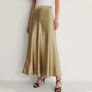 Custom Summer High Quality Elegant Blank Silk Midi Skirt Plain Satin A-line Long Skirts For Women