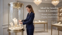 Présentoir de Luxe Cylindrique Doré pour Bijoux avec Projecteur LED, Socle en Verre Trempé, Vitrine pour Bracelets et Colliers, Écologique
