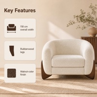 Fauteuil rembourré large avec pieds en bois d'hévéa