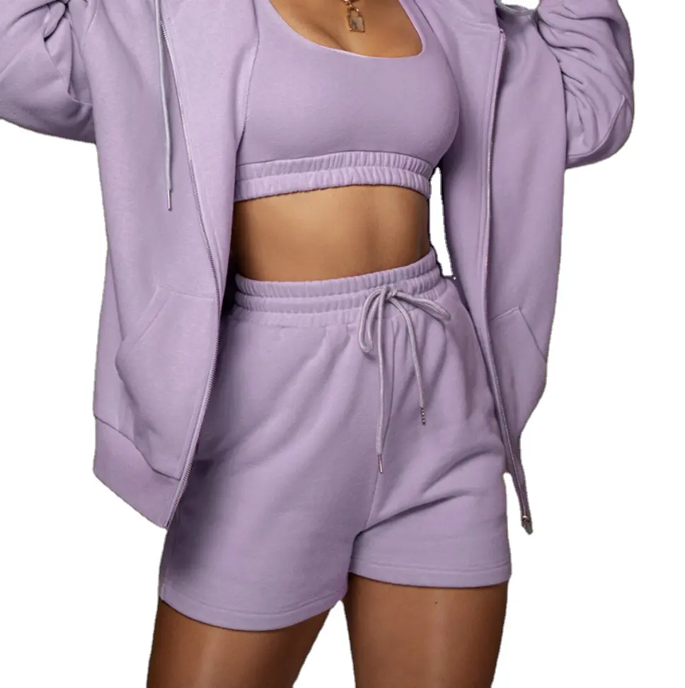 Clothing 2022 Street Wear Long Sleeve Oversized Zipper Up Sweatshirt and Women's Shorts 2 Piece Short Set Shorts Women