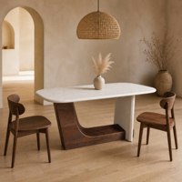 Table à manger moderne en pierre, base en placage de noyer, coins sculptés arrondis, plateau en marbre semi-translucide, vente en gros d'usine, sur mesure