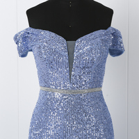 Robe de soirée élégante à épaules dénudées, paillettes, faite à la main, tenue de fête, bleue, nouvelle collection,