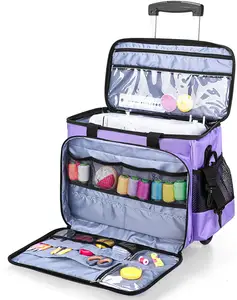 BSCI custom Purple Rolling Sewing Machine Tote bag case with Detachable Trolley