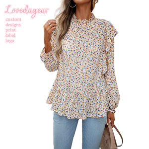 Loveda Offre Spéciale décontracté imprimé hauts col montant chemise à ourlet floral femmes élégantes en mousseline de soie <span class=keywords><strong>Blouses</strong></span> pour l'été - Product Image 1