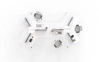 Poste de travail modulaire pour 6 personnes à 120 degrés avec finition chêne clair pour espace de travail collaboratif