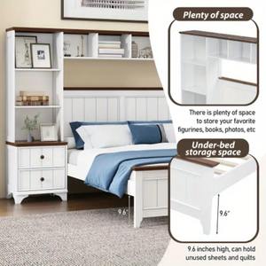 Cadre <span class=keywords><strong>de</strong></span> <span class=keywords><strong>lit</strong></span> plateforme blanc pleine grandeur avec 2 tables <span class=keywords><strong>de</strong></span> chevet et étagère <span class=keywords><strong>de</strong></span> rangement pour chambre à coucher et appartement - Product Image 3