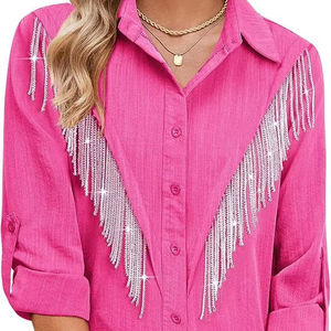 Camicia Elegante da <span class=keywords><strong>Donna</strong></span> Stile Western Personalizzata, Sexy e Casual, Manica Lunga con Colletto a Risvolto e Nappine, Paillettes Glitterate, Nera, 2026 - Product Image 1