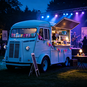 Camion de restauration mobile rétro bleu personnalisé avec station de boissons Mojito réfrigérées, comptoir à desserts pour festival de musique - Product Image 1