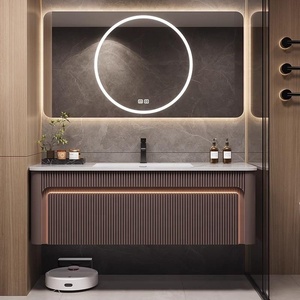 Mobile Bagno Moderno di Lusso Scanalato Personalizzato da Parete <span class=keywords><strong>con</strong></span> Lavabo Integrato in Ceramica e Armadietto a <span class=keywords><strong>Specchio</strong></span> LED - Product Image 2