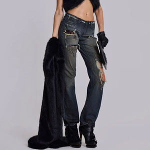 Pantalones Vaqueros de Corte Bootcut Personalizados, Estilo Rock Retro Punk, con Tachuelas Metálicas, de Cintura Baja y Desgarrados - Product Image 6