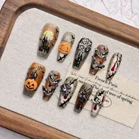 Faux ongles à presser en gros, faits main, couleur caramel, forme longue, en acrylique, avec accents citrouille pour Halloween