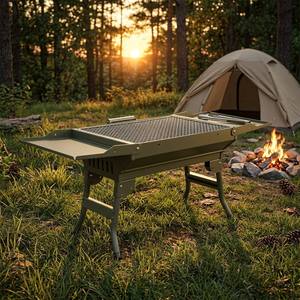 Barbecue au <span class=keywords><strong>charbon</strong></span> de bois vert pliable à pieds hauts, portable, pour table, avec deux étagères latérales pour la préparation, idéal pour <span class=keywords><strong>le</strong></span> camping - Product Image 2