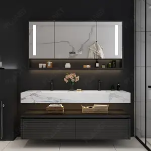 Gabinete de mármol negro para baño de estilo europeo, juego de tocador de piedra sinterizada para baño de 36 pulgadas con encimera, fregadero doble suspendido