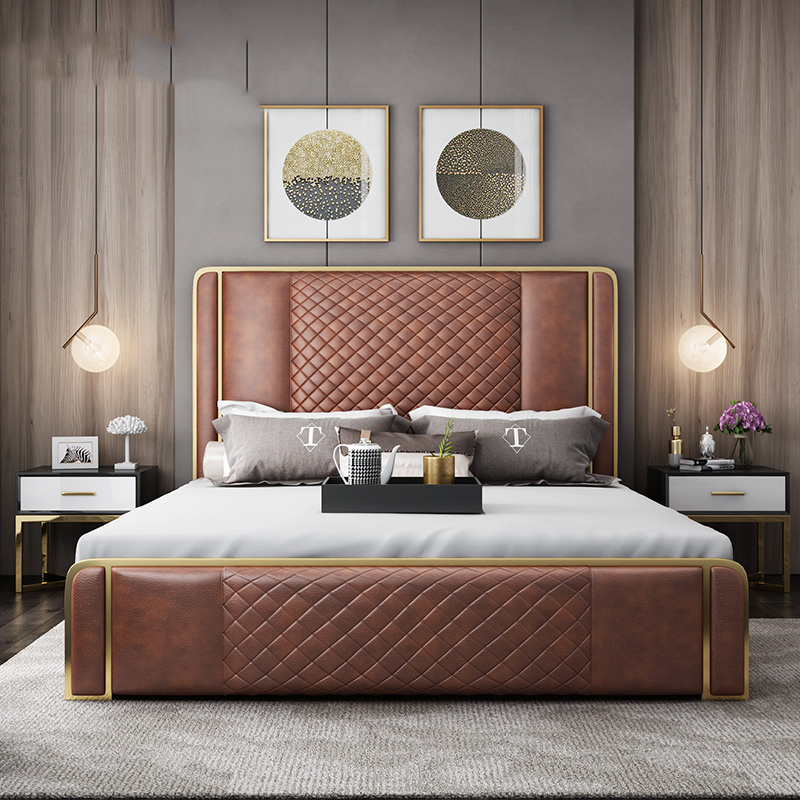 Plate-forme moderne lits en métal chambre meubles ensemble en bois avec rangement caché