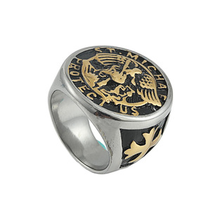 yunnique Men's <b>Titanium</b> Steel <b>Ring</b> Cross Shape Retro Silver Two Tone Gold Holy Angel Design Gift Jewelry - Product Image 1