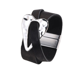Hot Selling Big Heart Charm Leather <b>Silver</b> Plated Exaggerated Wide Brushed <b>Bracelet</b> for Women Gift Jewelry <b>Bracelet</b> Wholesale - Product Image 5