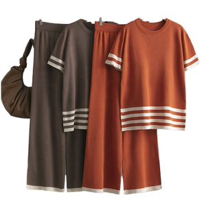 Women's Casual Summer High Waist Slim 2-Piece <b>Knitting</b> Pants Set <b>Short</b> <b>Sleeve</b> Knitwear <b>Top</b> Contrast Stripe-Comfortable Stylish - Product Image 3