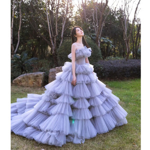 Strapless Tulle Ball Gown Natural Waist Gray Color Outdoor Wedding Dress Trailing Cake Style Photography Gown - Product Image 1