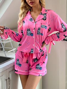 Ensemble pyjama en satin imprimé chat bleu pour femmes, chemise à manches longues et short, tenue décontractée deux pièces pour le printemps et l'été - Product Image 1