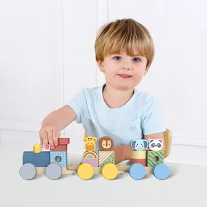 Juguete de bloques de construcción de tren de tres secciones, juguete educativo de arrastre de madera con forma de animal de color para niños