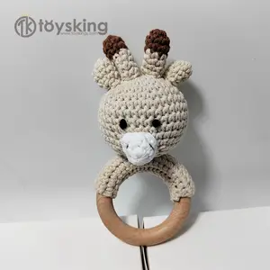 TK New Born Gift Stuffed Giraffe Deer Soft Sensory Toys Baby Crochet Plush Hand Rattle with Beech Wooden Ring Teether