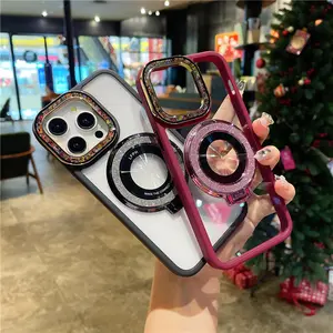 For iPhone15pro flash powder magnetic suction bracket phone case 13 14pro transparent acrylic glazed beads anti-fall protection